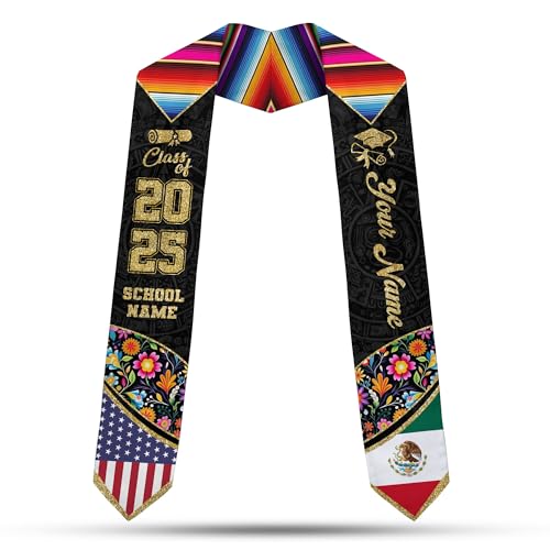 MonkeyVan Custom Mexican Graduation Sash Mexican Flag Graduation Stole Mexican Stoles for Graduation 2025 Mexican Graduation Sash Mxc1