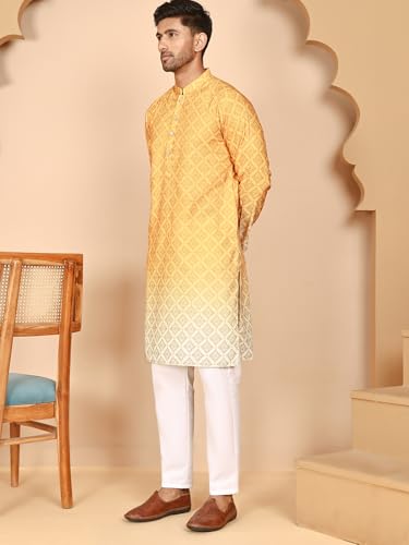 Image of Jompers Thread Work & Lequin Embellilhed Printed Kurta Let for Men (Mustard, L)