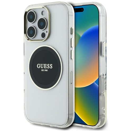 CG Mobile Guess IML Metal Colored Circle Logo Classic Compatible avec MagSafe pour iPhone 16 Pro (Noir)