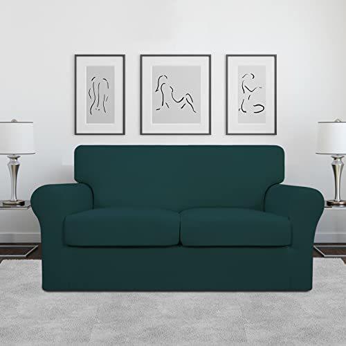 Image of Easy-Going 3 Pieces Stretch Loveseat Couch Cover for 2 Cushion Washable | Sofa Slipcover for Stretch 2 Separate Sectional Cushion Couch - Furniture Protector for Pets, Kids Deep Teal