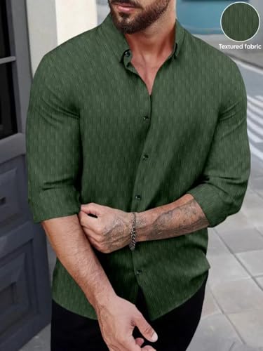 Image of DEELMO Men's Regular Fit Button Down Dress Shirts Textured Long Sleeve Casual Hawaiian Shirt