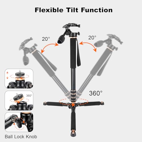 Image of Koolehaoda 71.6 inch Camera Monopod with 3-Way Pan Tilt Head & Detachable Feet | Aluminum Tripod & Monopod Photography Unipod Stick for DSLR, Camcorder, Vlog & Sports Shooting