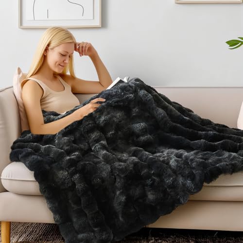 BEDELITE Faux Fur Throw Blanket for Couch, Decorative Tie-Dye Black Plush Bubble Blanket - Super Soft & Cozy Fluffy Faux Rabbit Fur Blanket for Women Gift, 50x60 Inches