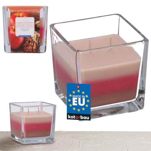 KOTARBAU® Vela perfumada en frasco de cristal Aroma agradable Velas decorativas Vela en vaso de cristal Vela aromática Duración 32 h Aroma a manzana con canela Vela tricolor con 2 mecha Idea de regalo
