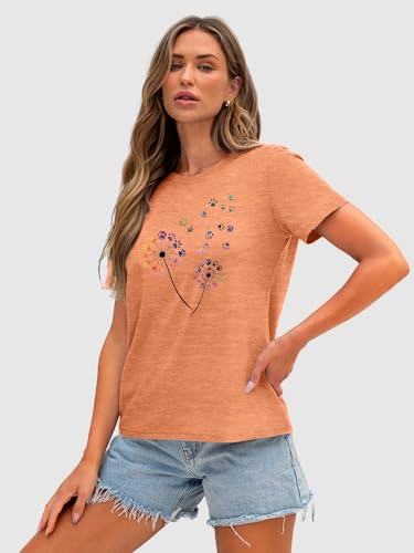 Image of Anbech Womens Dandelion Graphic T-Shirts Teen Girls Cute Sunflower Print Casual Tee Tops