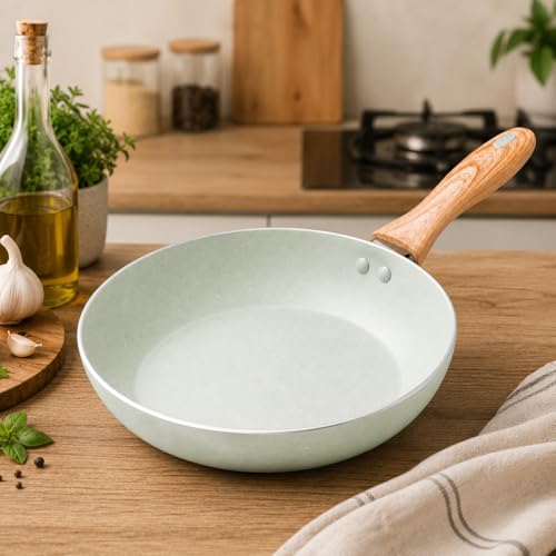 Frigideira Cerâmica Antiaderente 24cm Indução Cabo Madeira Frita Sem Óleo Fundo Triplo Panela Premium Fogão Gás Elétrico Vitrocerâmico Nanocerâmica Ultra Resistente Cozinha Saudável Granito Verde