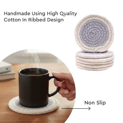 Image of Encasa XO Drink Coasters Set of 6 | Light Grey & Off White with Round (9 cm) | Handcrafted Ribbed Cotton | Absorbent & Heat-Resistant | Use for Tea, Coffee Table & Desk