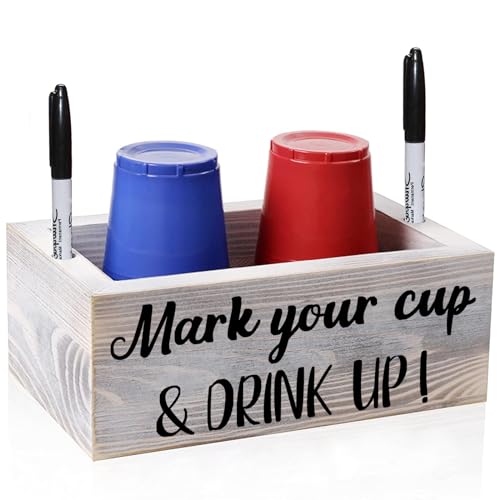 Wooden Cup Holder with Marker Slot Mark Your Cup & Drink Up Party Decor