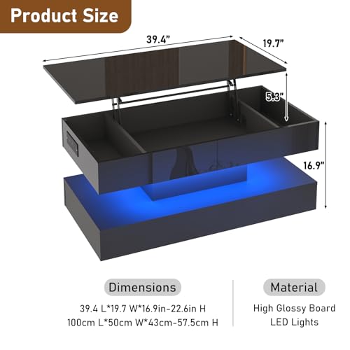 Image of 39.4 inch Large Lift Top Coffee Table,Modern High Glossy LED Coffee Tables for Living Room with Storage,Black Living Room Tables for Living Rooms,Dining Room,Bedroom Home Office,APP LED Lights（Black）