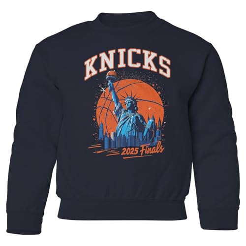 DREAM EVERLY New York 2025 Finals - Basketball Playoff Statue Youth Crewneck Sweatshirt (Navy, Youth Small)