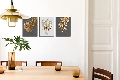 Gray And Gold Boho Abstract Wall Art 3 Pieces Modern Stretched And Framed White Flower Gold Leaf Canvas Paintings For Living Room Home Office And Bedroom Bathroom Wall Decor Canvas Size: 12"X16"X3 #TOP4