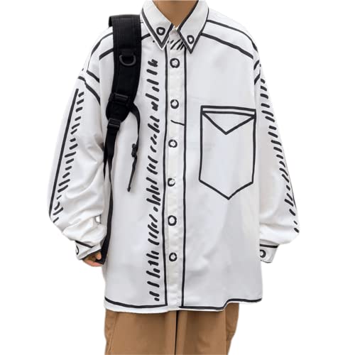Men 2D Cartoon Streetwear Harajuku Polo Shirt Long Sleeve Graffiti Funny Sweatshirt Innovative Alt Preppy Outerware (White,2XL,XX-Large,XX-Large)