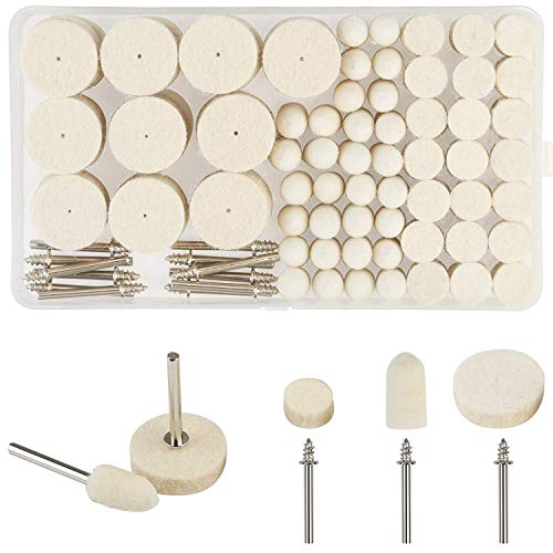 Image of DIY Crafts Mix Wool Felt Polishing Pad and Ceramic 3 Pieces Felt Mounted Mandrel Set Grinding Head Buffing Wheel for Rotary Tools Jewelry; Glass; Metal (Pack Of 90, Off White)