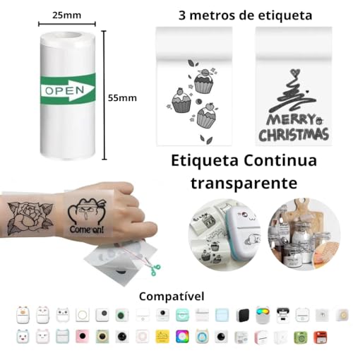 Kit 5 Bobinas Etiqueta Térmica Adesiva 55x25mm 3 Metros Transparente Rolo Para Mini Impressora Portá