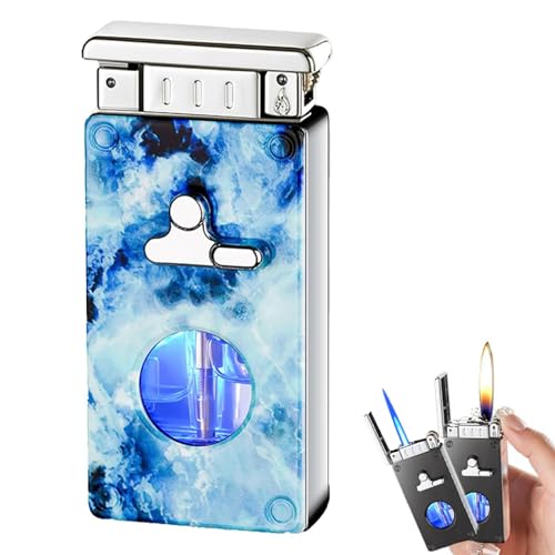 TUVovosd Encendedor de doble llama, resistente al viento, llama chorro ajustable y llama suave, recargable con butano, adecuado para camping al aire libre (azul)