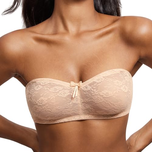 Image of DOBREVA Women's Strapless Lace Bras Unlined See-Through | Underwire, Floral Lace, Sexy, Sheer, Soft, Bow, Multiway, Comfort