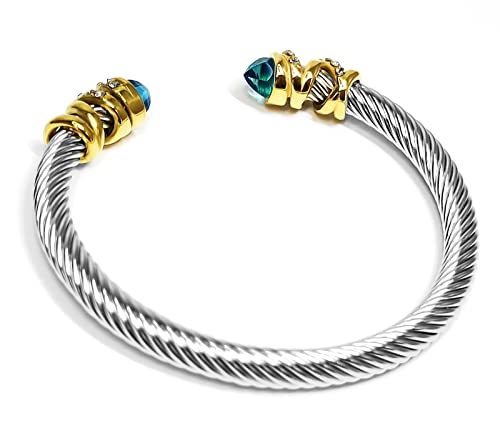 Suptop Gemstone 14K Gold Plated Cuff Bracelets For Women Adjustable Wire Bangle Bracelets Wrist Best Gift For Wife Girls Mother With Gift Box (Blue Topaz) #TOP5