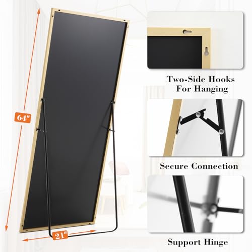 DUMOS Full Length Mirror with Stand 64"x21" Floor Standing Aluminum Frame for Bedroom Body Hanging Leaning Modern Simple Home Decor Shatter-proorf Nano Glass Wall Living Room Cloakroom Gold
