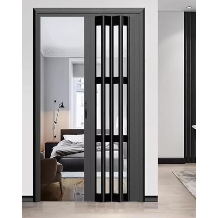 Accordion Door Modern Accordion Doors Black, Folding Closet Doors Sliding Panels with Top Track & Handle, Interior Doors Screen for Pantry Bedroom, Custom Colors(48x80in(122x203cm))
