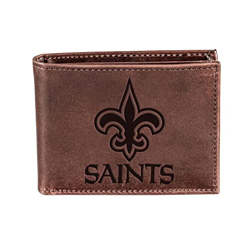 Evergreen Team Sports America NFL New Orleans Saints Brown Wallet | Bi-Fold | Officially Licensed Stamped Logo | Made of Leather | Money and Card Organizer | Gift Box Included