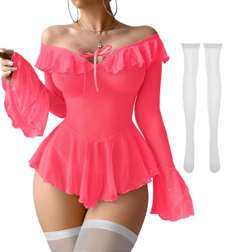 Image of Foxiny Sheer Ruffle Long Sleeve Babydoll Lingerie Dress | Off-shoulder neckline, flared cuffs and a flounce hem add movement; thong and thigh-high stockings complete the 3-piece set