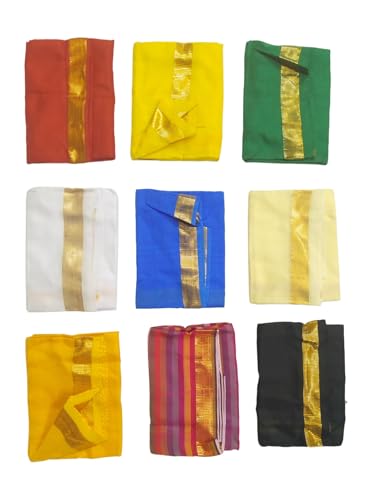 Image of Navagraha Pooja Clothes with Gold Zari Border (Set of 9 Pieces) for Navagraha Pooja, 20 x 28 inches Size, suitable for large idols