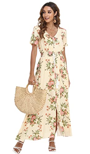Image of VintageClothing Women's Floral Maxi Dresses Boho Button Up Split Summer Casual Long Dress Beach Party Dress