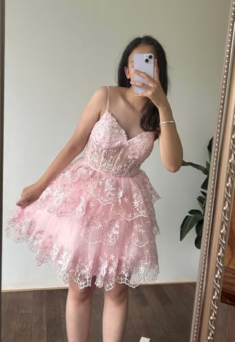 POMUYOO Lace Tiered Homecoming Dresses 2025 Spaghetti Straps Sparkly Tulle Corset Short Prom Dress Formal3