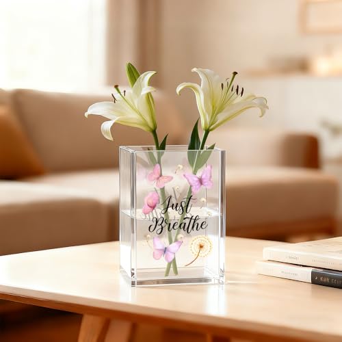Image of Just Breathe Acrylic Cosmetic Organizer Pen Holder, Anxiety Relaxing Acrylic Desk Holder Cup for Pen Pencil, Dandelion Desk Organizer, Mental Health Office Gifts for Coworker Leader Friend