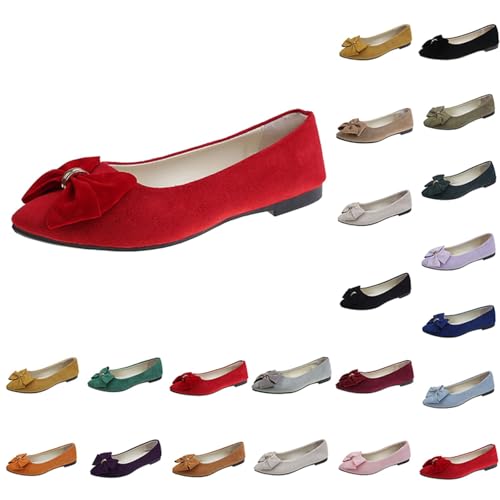 Shoes Women's Elegant Flat Heel Ballet Flats with Cute Bow Fashionable Elegant Classic Evening Shoes Flat Non-Slip Single Shoes Soft Sole Loafer Pumps Wedding Shoes, red, 9 UK