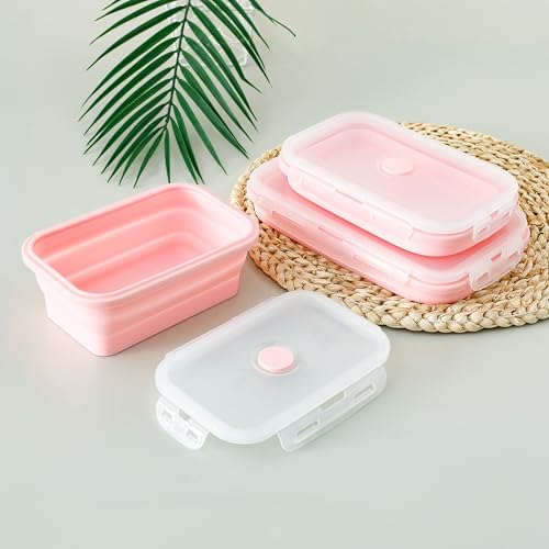 Image of The Better Home Silicone Lunch Boxes | Airtight Foldable | Pack of 3 | 1200ml, 800ml, 500ml | Lightweight, Microwave Safe, Travel-Friendly | Pink | Perfect for Kids, Office, School.