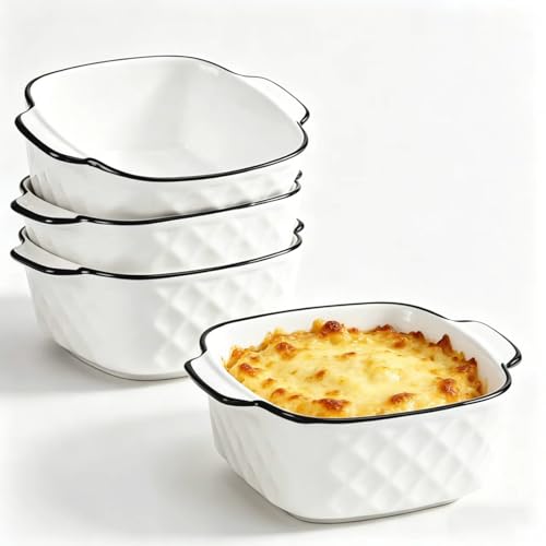 4 Pack Small Baking Dish 5 Inch Individual Ceramic Casserole Dish with Handles 15 oz Square Mini Baking Dish for Oven Roasting Desserts Meal Prep Microwave & Dishwasher Safe