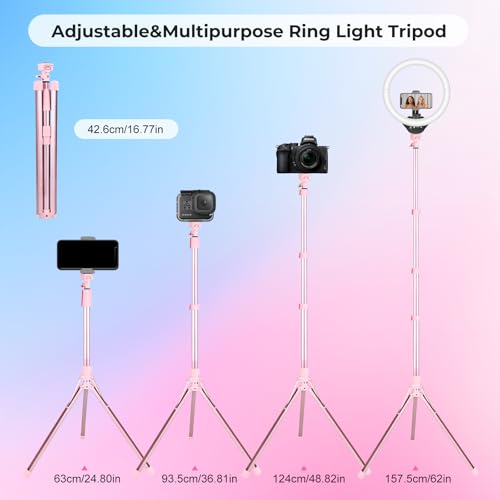 Image of Aureday 14'' Pink Selfie Ring Light with 62'' Tripod Stand and Phone Holder, Dimmable LED Phone Ringlight for Makeup /Video Recording /Photography, Circle Lighting for Cell Phones&Lightweight Cameras