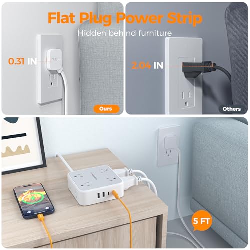 Image of TESSAN Surge Protector Power Strip, 5 Ft Flat Plug Extension Cord with 4 USB (2 USB C) 8 Outlets, 1250W, 900J Protection, 3 Sided Outlet Extender with Power Switch for Office, Dorm Room, Grey