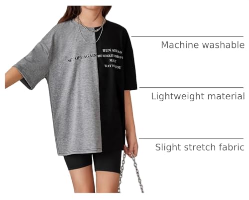 Image of OYOANGLE Girl's Graphic Print Colorblock Half Sleeve Round Neck Shirt Tops Summer Casual Loose Tee Shirts
