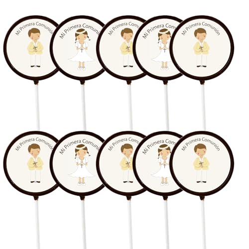Piruletas Chocolate Comunion - Personalizadas - Pack Artesanal 25 Unid - Sin Gluten Cacao 100% NATURAL - Cumpleaños - Bodas (Chocolate puro 58%)