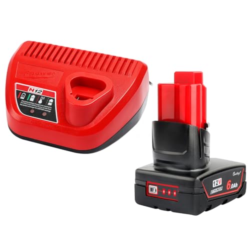 QUPERR 12V 6000mAh Compatible with Milwauke Battery Li-Ion M12B6 and M12 Charger Combination Set for milwaukee Power tools XC48-11-2401 M12TLED-0 C12PN-0 M12CD-202C M12SI-0 M12bsd-0