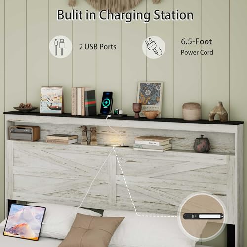 Image of Farmhouse Queen Size Wooden Bed Frame with Headboard, Rustic Wood Bedframe with LED Lights and Charging Station, Easy Assembly, No Box Spring Needed (Queen, White)