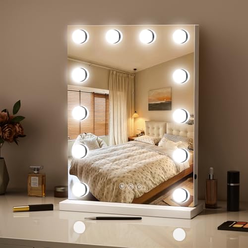 umvo Hollywood Vanity Mirror with LED Lights – Tabletop or Wall Mounted Makeup Mirror, Touch Control, 3 Color Modes, Dimmable with Smart Memory for Bathroom, Bedroom Gift(30x48cm)