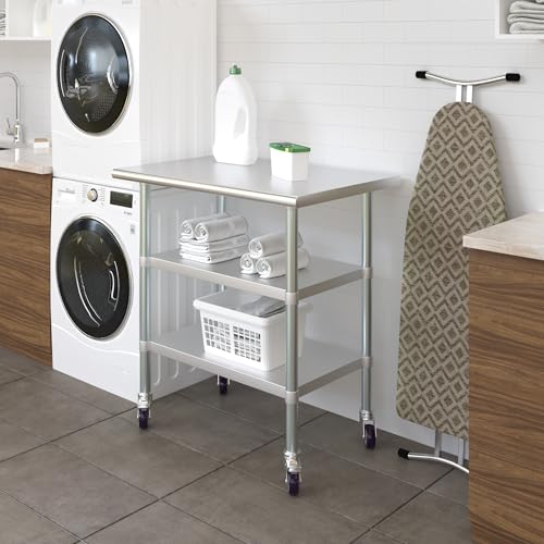 Image of AmGood Stainless Steel Work Table with 2 Shelves and Casters | Metal Utility Table On Wheels (Stainless Steel Work Table with 2 Shelves + Casters, 36 inch Long x 24 inch Deep)