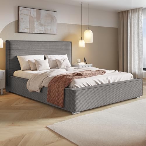 MOTIVENA Arizona Bett 200x200 Grau Cord, mit Stauraum, mit Kopfteil, mit Lattenrost, mit Füßen, ohne Matratze, Polsterbett 200x200 mit Bettkasten Grau (Anthrazit)