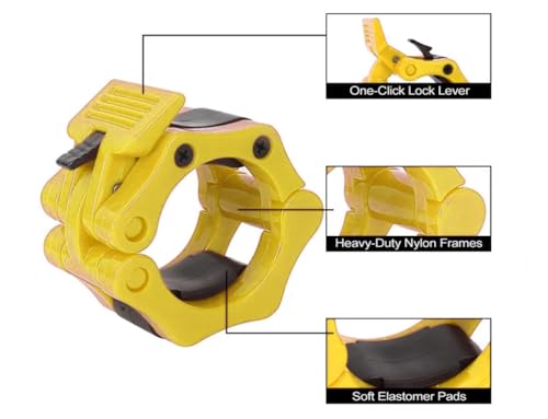 Image of Protoner Fitness Olympic Rod Lock Barbell Clamp Collar Quick Release Pair of Locking Weight Clips Fit 2 Inch Barbell Lock for Workout, Weightlifting, Fitness & Strength Training, 1 Pair (Yellow)