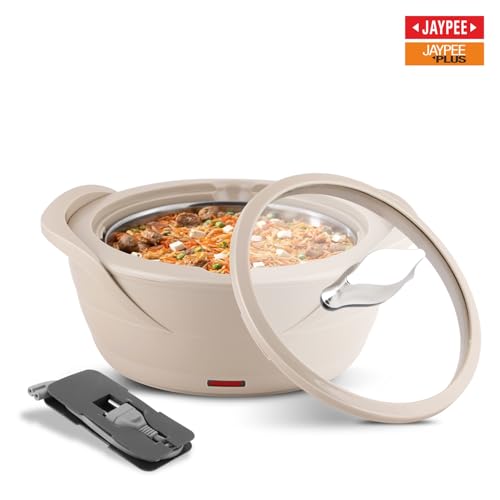 Image of Jaypee Plus Power Serve Inner Stainless Steel Electric Casserole with Glass Lid, 1500 ml, Removable Steel Bowl for Easy Cleaning |Food Grade Serving Set |Ideal for Serving Warm Dish, Beige