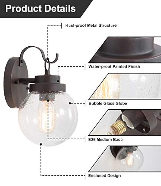 LNC Outdoor Sconces Wall Lighting, Seeded Glass Globe, Rustic Bronze Finish, E26 Socket, Weather-Proof Exterior Wall Light Outdoor Light Fixtures for Porch, Yards, Front Door