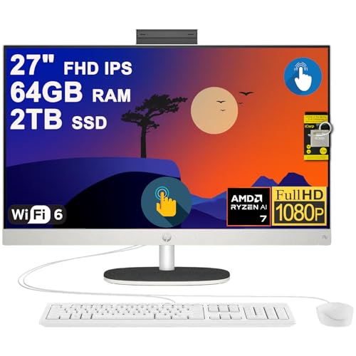 Image of HP 27 AIO Desktop Computer 27 inch FHD IPS Anti-Glare Touchscreen (99% sRGB) AMD 8-core Ryzen AI 7 350 (Up to 50 NPU Tops) 64GB RAM 2TB SSD for Creator Designer Business Professional Work Win11 ICP Hub
