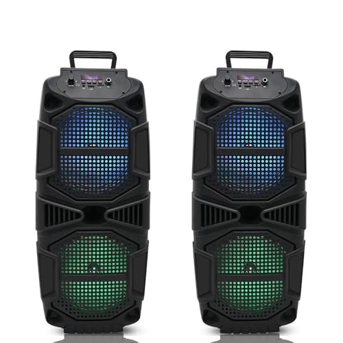 Technical Pro Set of 2, 400-Watt Each Portable Rechargeable Bluetooth Speaker with TWS Dual 8" Colorful LED Woofers, USB Mode, SD Card, FM Radio, Mic Input for Perfect On-The-Go Karaoke, Party Nights