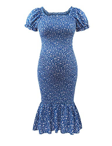 Aonesx Maternity Summer Floral Midi Bodycon Dresses, Short Puff Sleeve Square Neck Ruffle Hem Mermaid Baby Shower Dress Blue S #TOP4