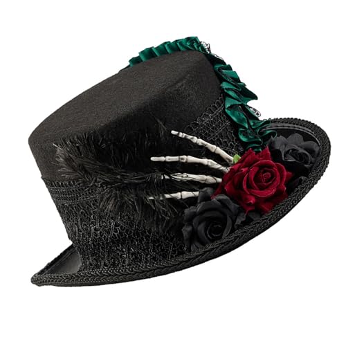 Chapeau haut-de-forme punk élégant orné d'une main de squelette et dentelle fine