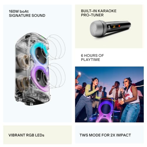 Image of boAt 2026 Launch PartyPal 390 Plus, Karaoke Auto-Tuner, 160W Output, 1 UHF Wireless Microphone, Vibrant RGB LEDs, Hearables App Support, TWS Mode, Guitar Input Port, Multi-Compatibility (Onyx Black)