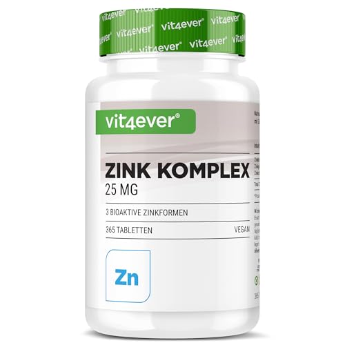 vit4ever Zink Komplex 25mg - 365 Tabletten - Mit 3 bioaktiven Zink-Formen (Zinkbisglycinat, Zinkgluconat, Zinkcitrat) - 1 Jahresvorrat - Hochdosiert - Vegan